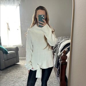 Kaari Blue Cream Cowl-Neck Tie-Front Sweater